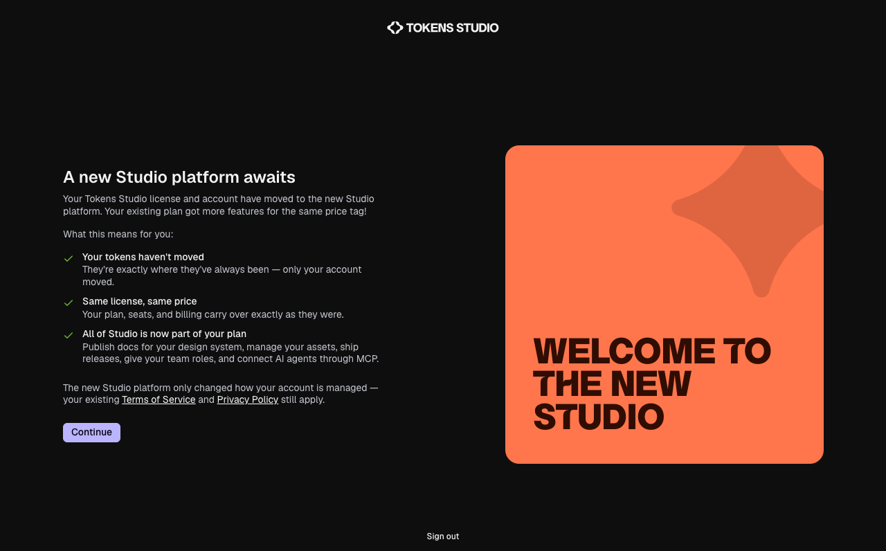Migration welcome screen saying your tokens have not moved and your plan, seats and billing carry over, with Continue