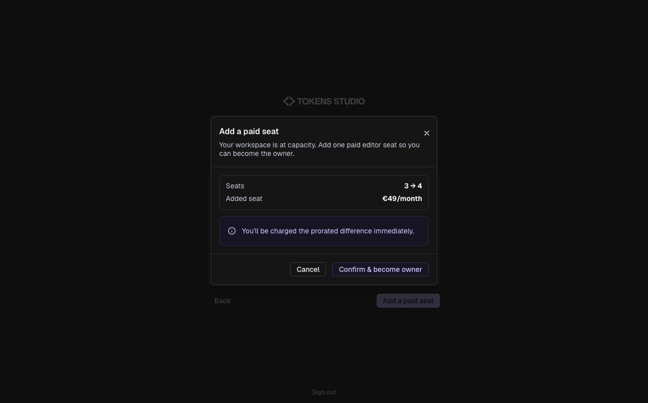 Add a paid seat dialog showing seats going from 3 to 4, the price of the added seat, and Confirm and become owner