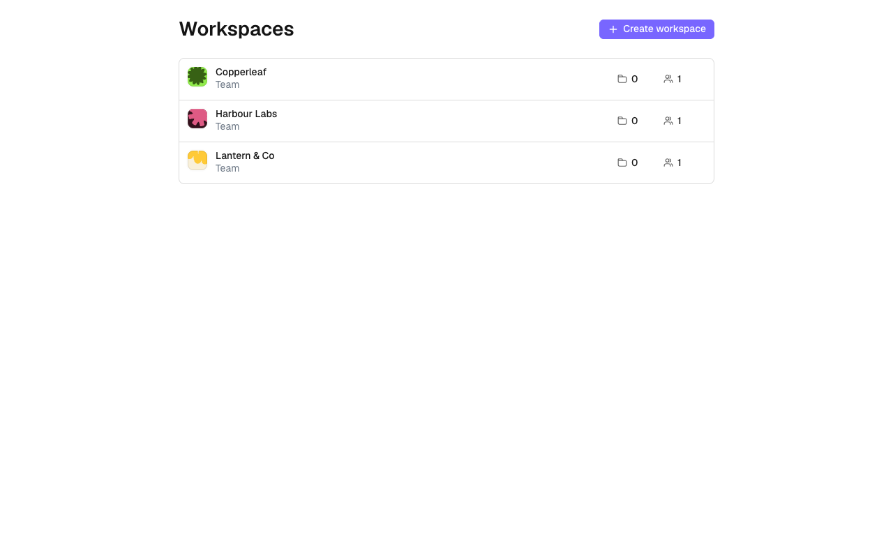Workspaces page listing three workspaces