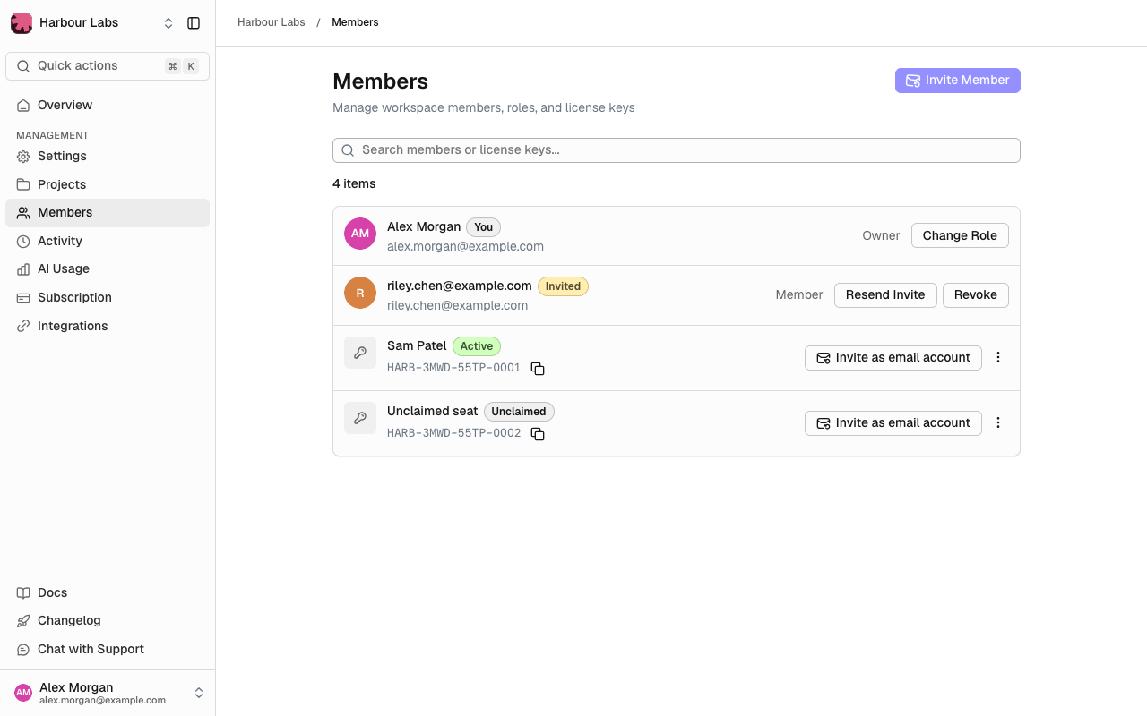 Members page with the owner, a pending invitation with Resend Invite and Revoke, and two license keys