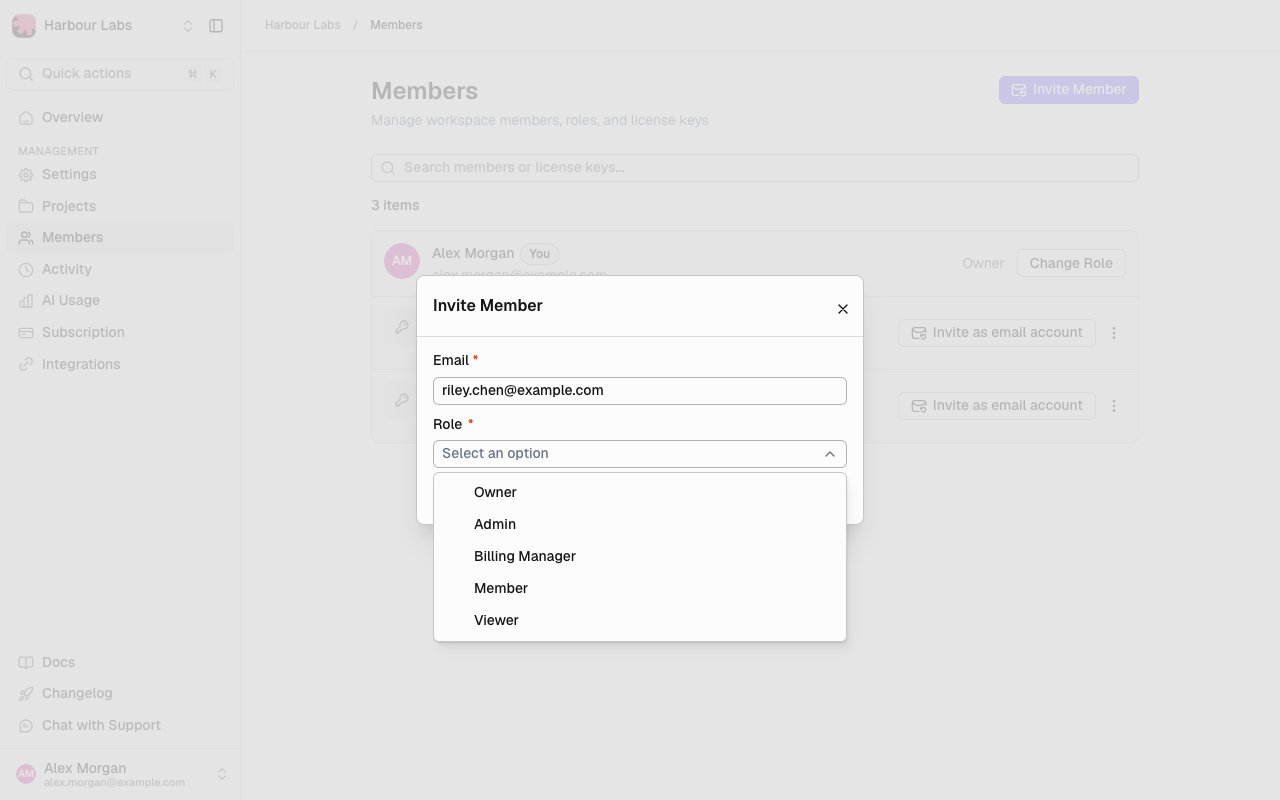 Invite Member dialog with an email address and the role list open
