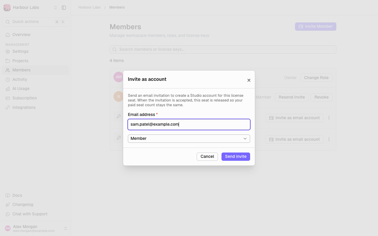 Invite as account dialog for a license key, with an email address, a role and Send invite