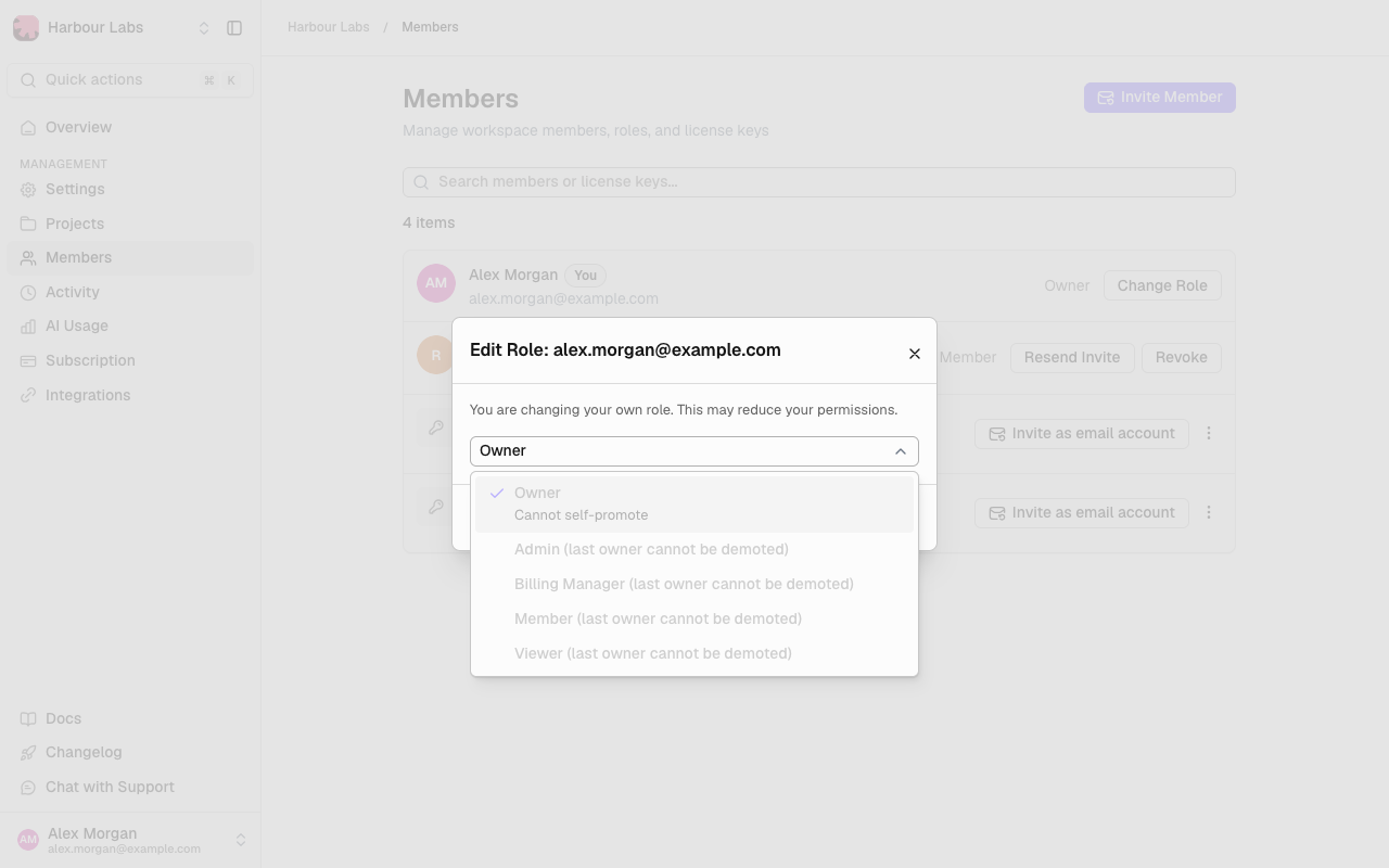 Edit Role dialog with the role list open, showing that the last owner cannot be demoted