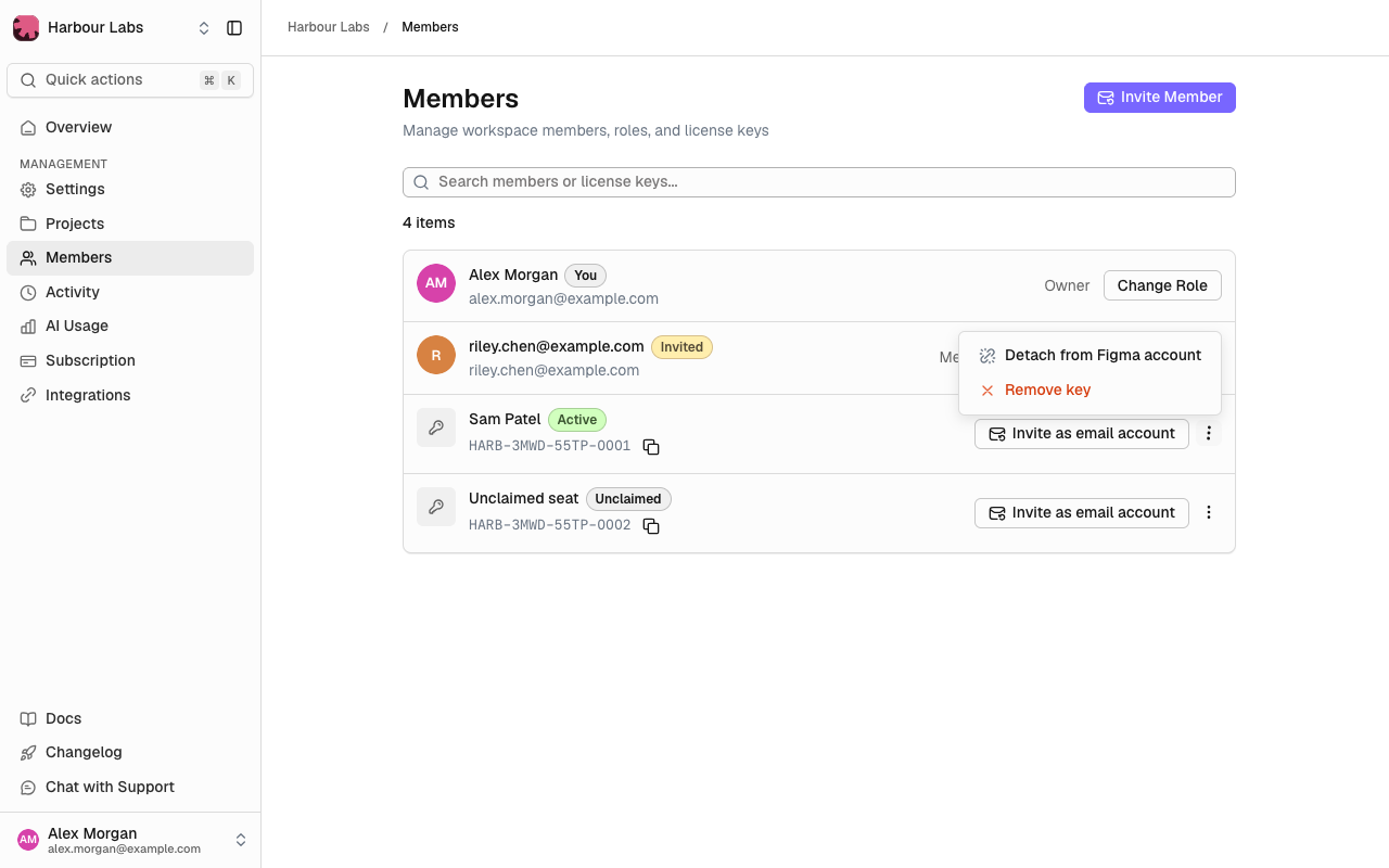 Seat actions menu on a license key, with Detach from Figma account and Remove key