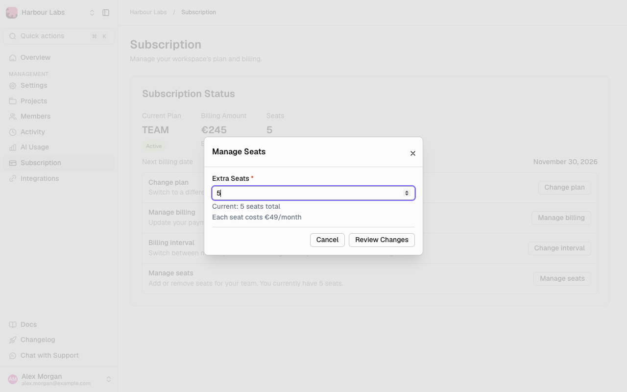 Manage Seats dialog with the Extra Seats field, the current seat total, the price per seat and Review Changes