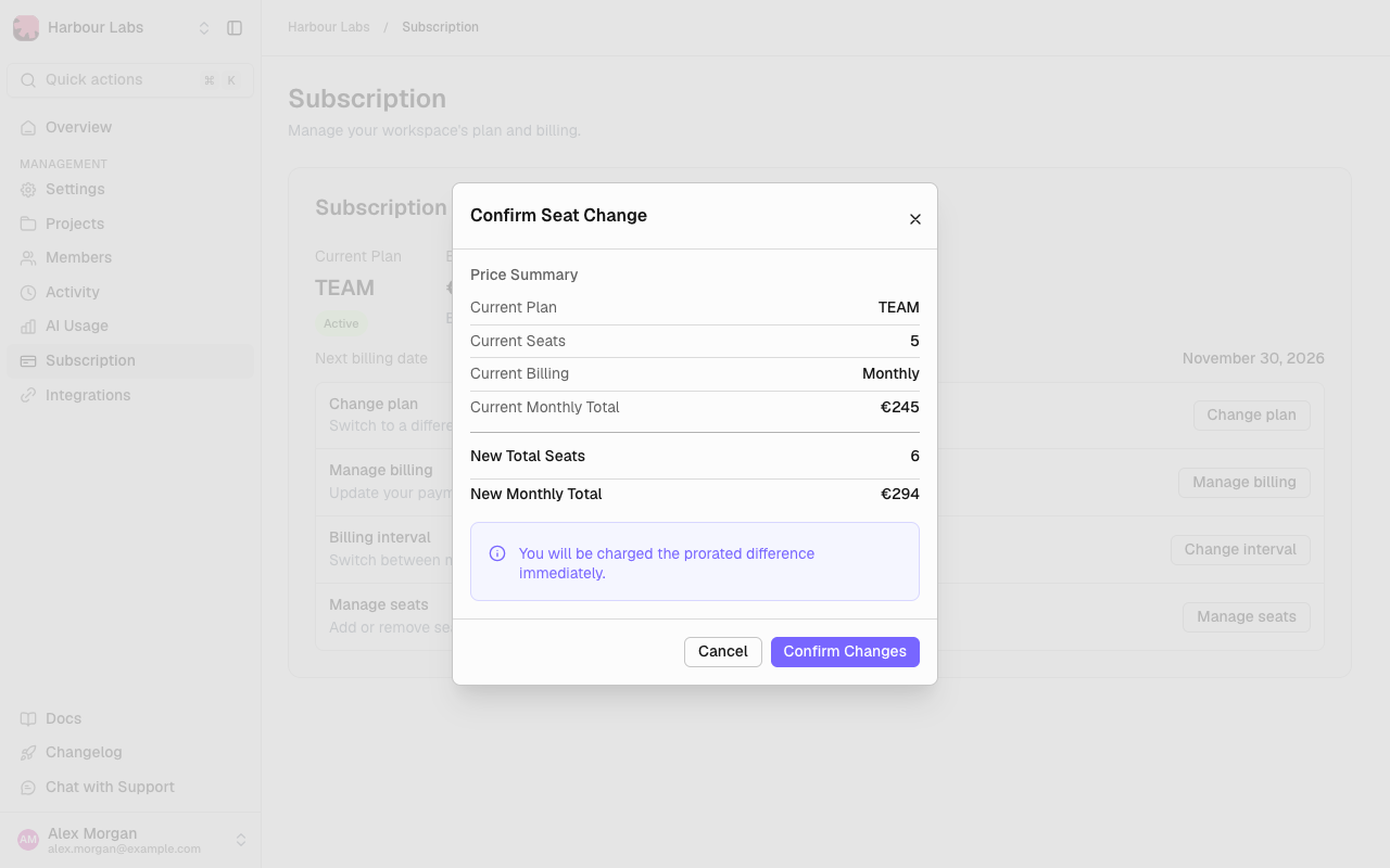 Confirm Seat Change dialog with the current and new seat totals and monthly totals, and Confirm Changes