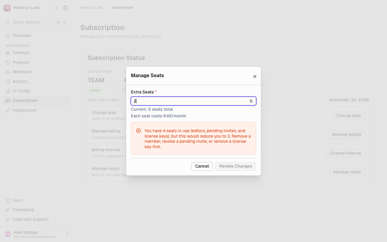 Manage Seats dialog refusing a reduction because more seats are in use than would remain