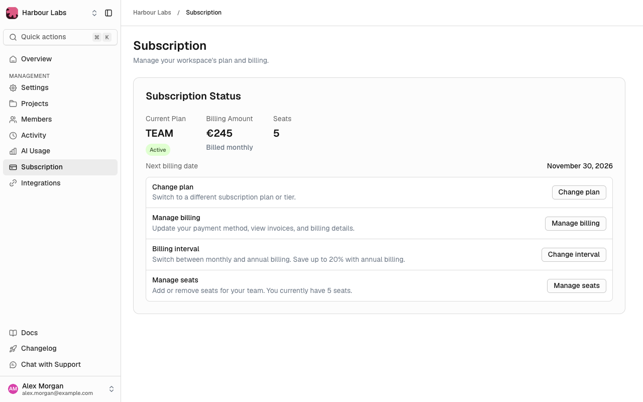 Subscription page showing the plan, status, billing amount, seats and next billing date, with Change plan, Manage billing, Change interval and Manage seats