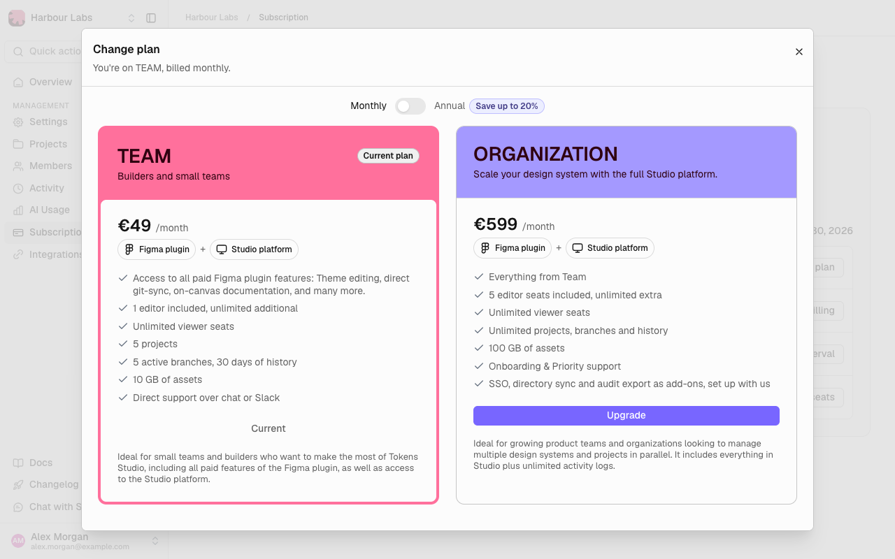 Change plan dialog showing the Team and Organization plans