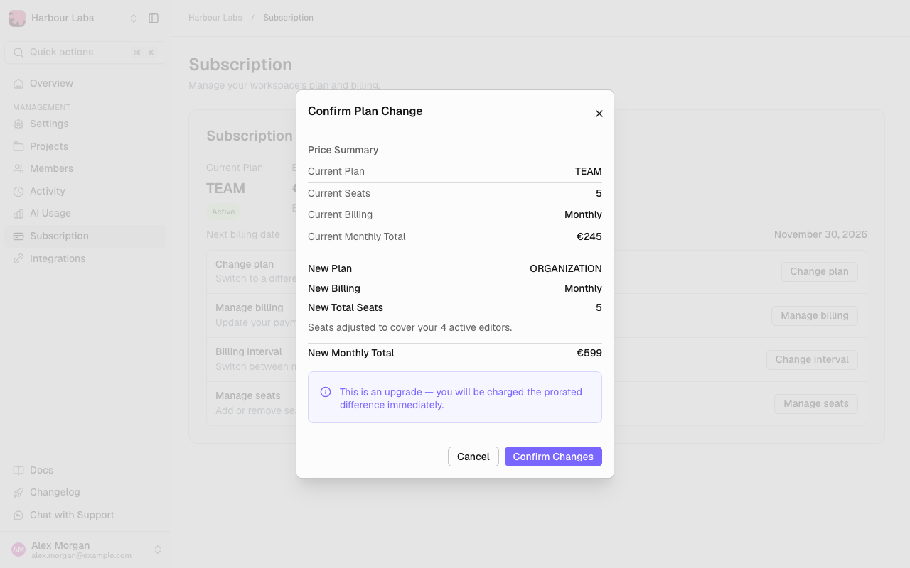 Confirm Plan Change dialog for an upgrade, with the new plan, seats and monthly total