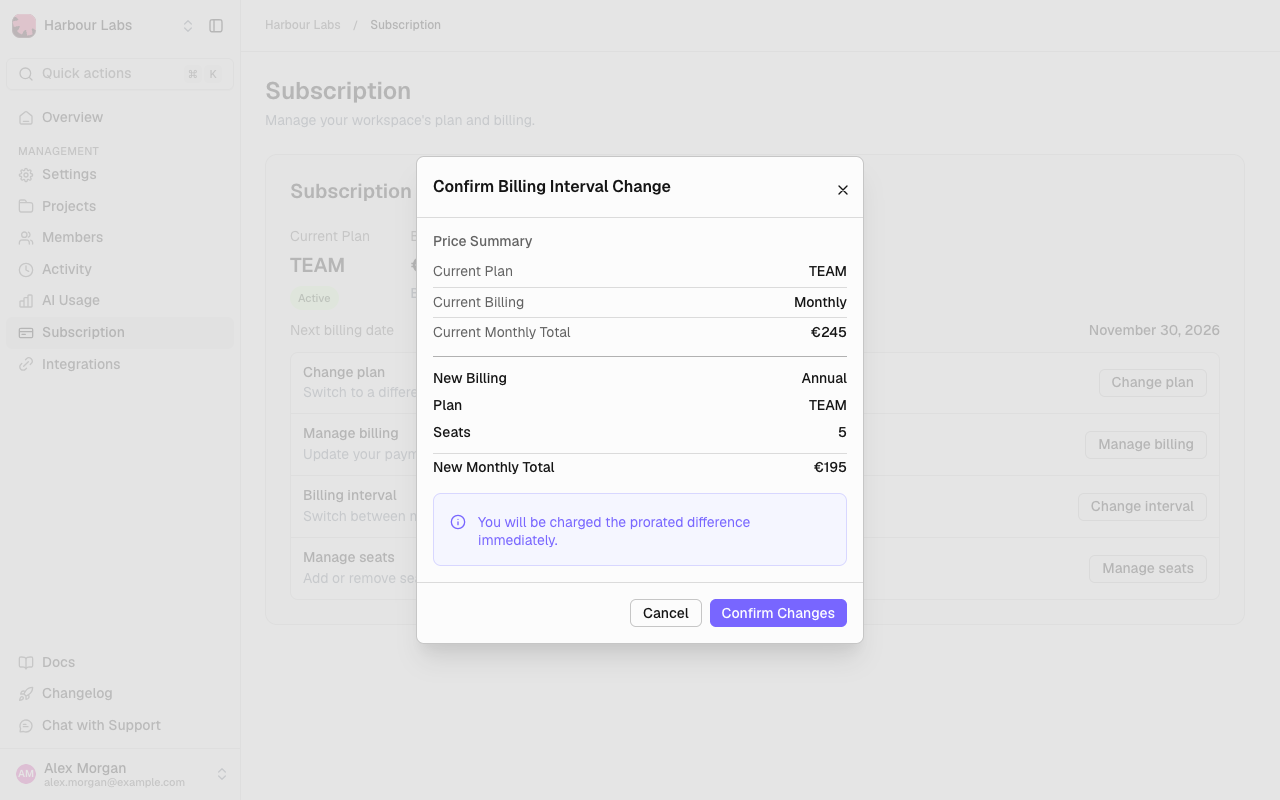 Confirm Billing Interval Change dialog for a switch from monthly to annual billing