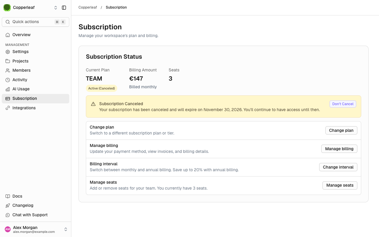 Subscription page with a Subscription Canceled notice, the end date and Don't Cancel