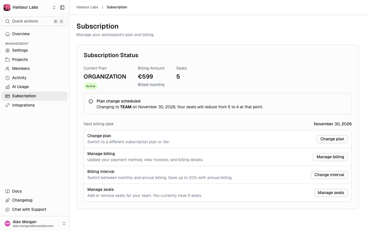 Subscription page with a Plan change scheduled notice showing the new plan, date and seat change
